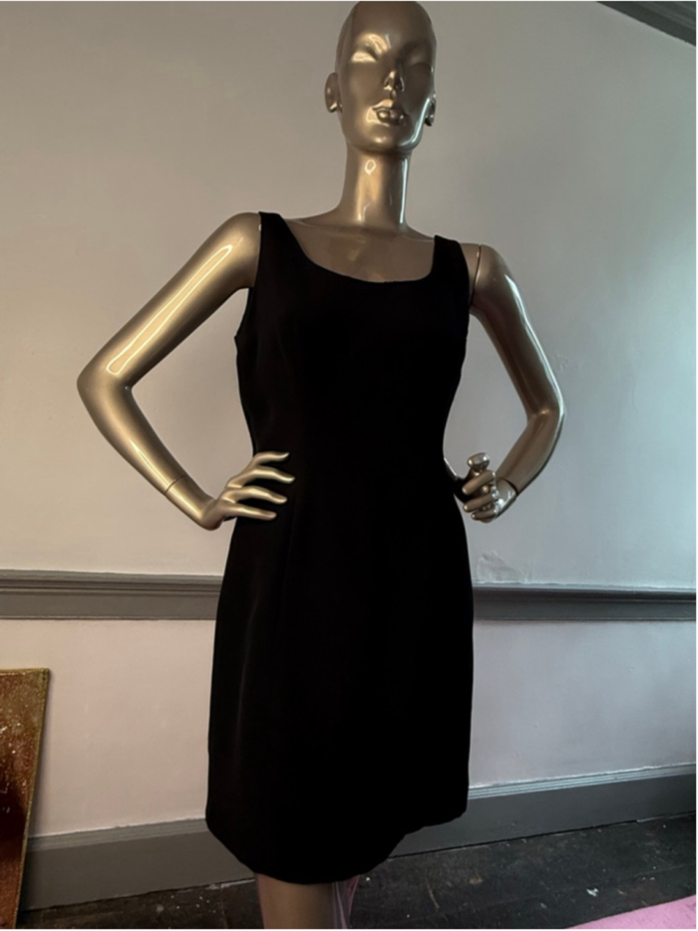 ABS Allen Schwartz Black Sheath Dress Size 10 Satin Side Panel Lined USA